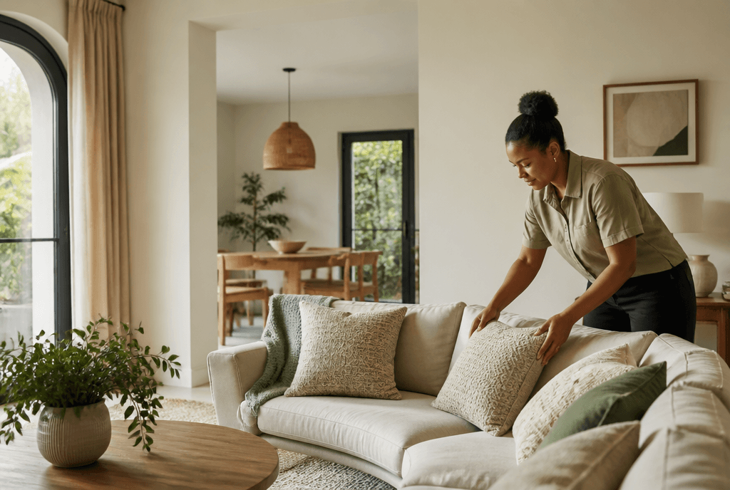 A cleaning professional carefully preparing an apartment
