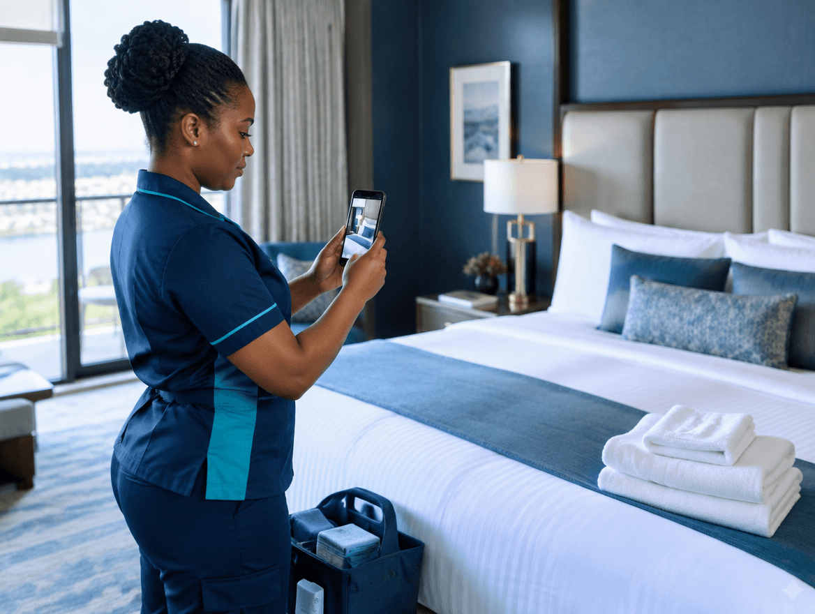 A professional cleaner photographing a prepared guest room as proof of completion
