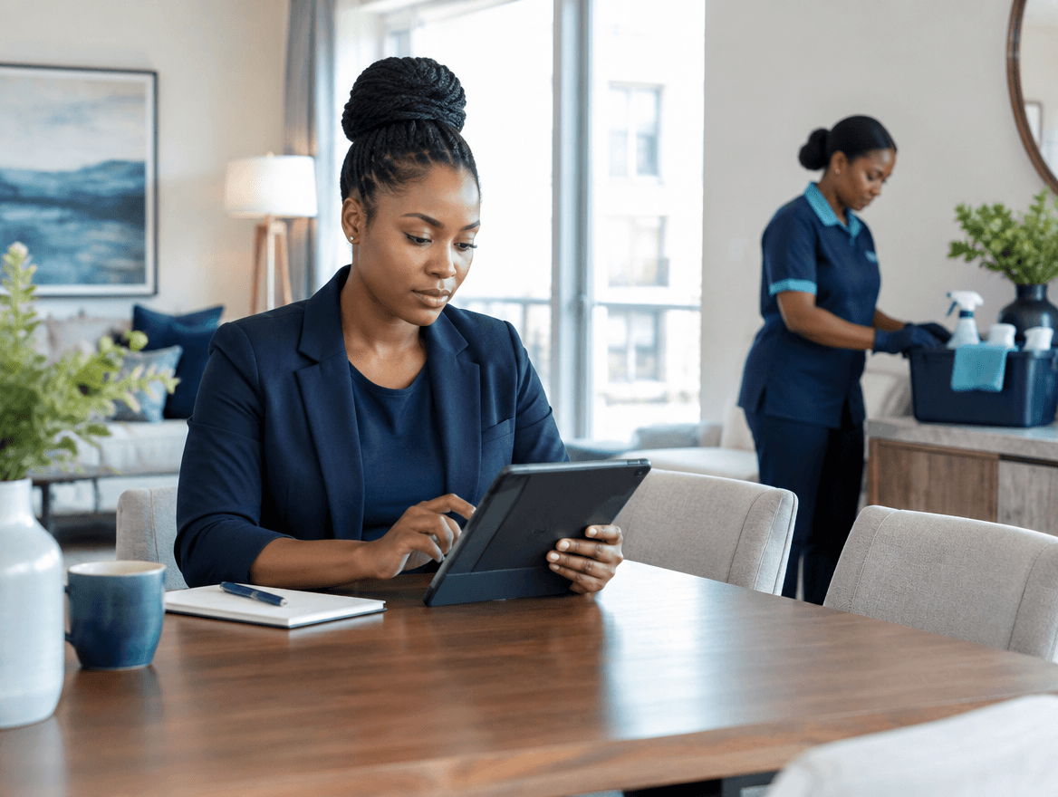 A cleaning operations manager reviewing schedules while a team member prepares for the day