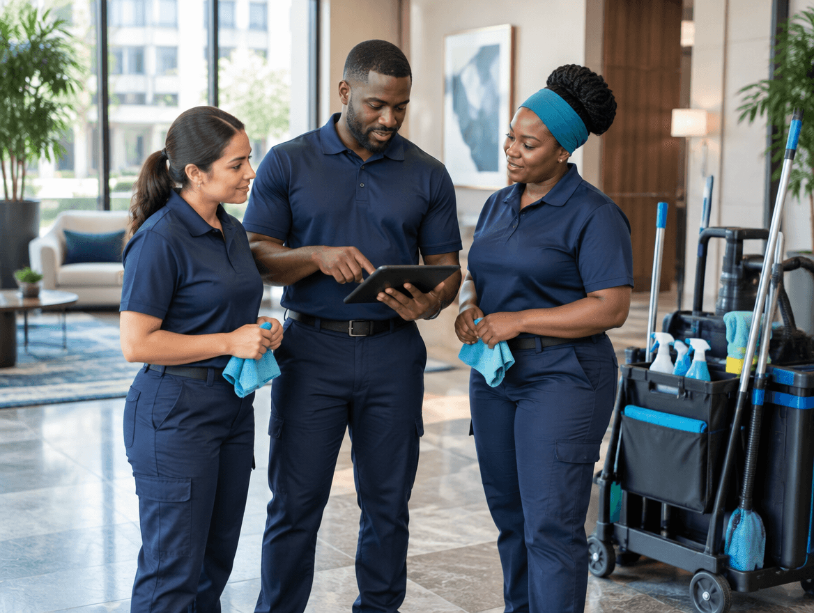 A professional cleaning team coordinating their work around a tablet